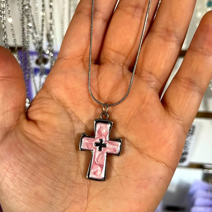 collar cruz rosada cadena lisa