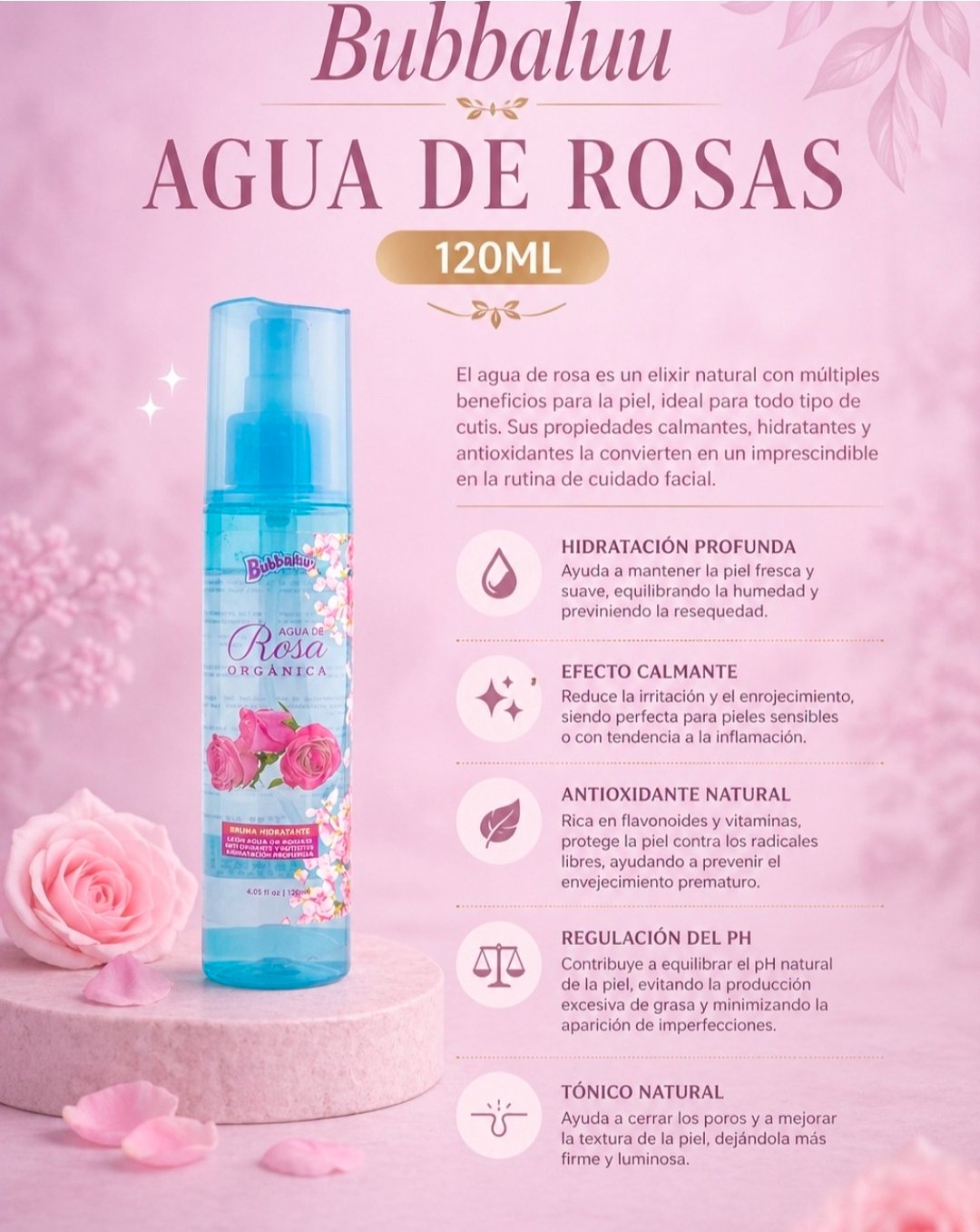 Agua de rosas orgánica.