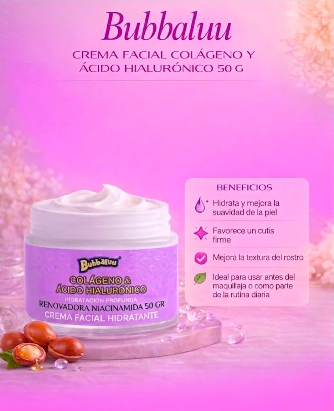 Crema facial colágeno y Ácido Hialurónico.