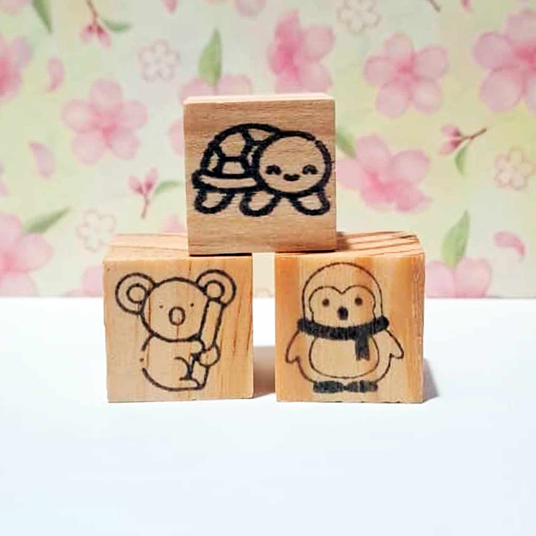 Set mini timbres de pingüino, koala y tortuga